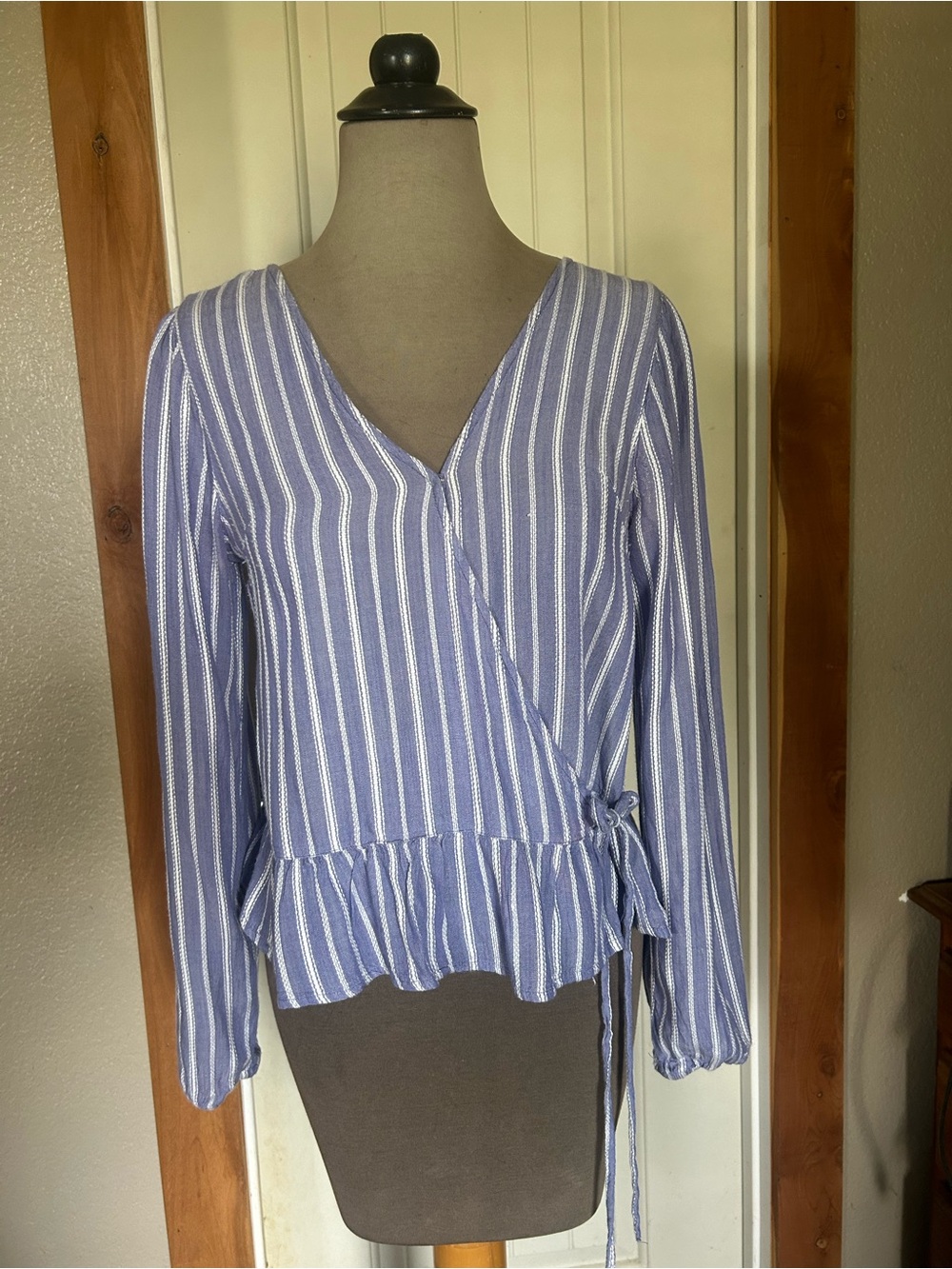 Arizona Jean Company Blue and White Striped Wrap Peplum Top